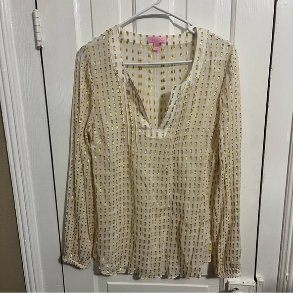 Lilly Pulitzer Cream Gold Colby Silk Metallic Dot Sheer Blouse Large B - Picture 2 of 8